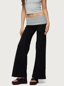 Women Fold Over Yoga Pants Low Rise Solid Color Stretch Casual Straight Wide Leg Palazzo Pants Loose Fit Comfy Flared Leggings Gym Lounge Pants Bootcut Bell Bottoms Baggy Sweatpants Teen Girl Back To School Bottoms Y2k Streetwear - 黑灰色 - 查看 1