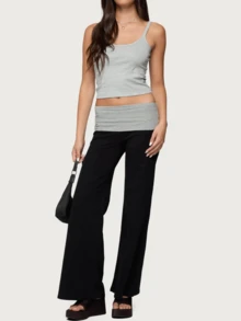 Women Fold Over Yoga Pants Low Rise Solid Color Stretch Casual Straight Wide Leg Palazzo Pants Loose Fit Comfy Flared Leggings Gym Lounge Pants Bootcut Bell Bottoms Baggy Sweatpants Teen Girl Back To School Bottoms Y2k Streetwear - 黑灰色 - 查看 6