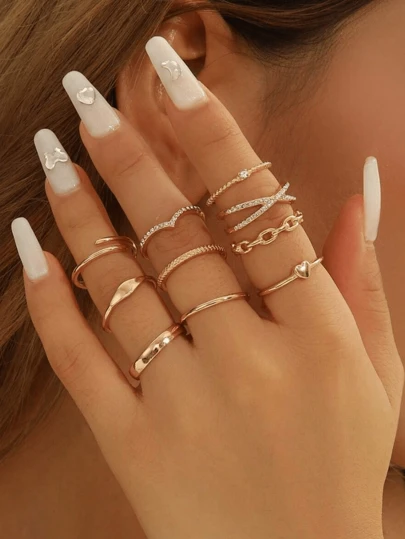 10pcs/Set Unique Minimalist Criss-Cross Rhinestone Rings, Fashionable & Versatile Ring Set For Women