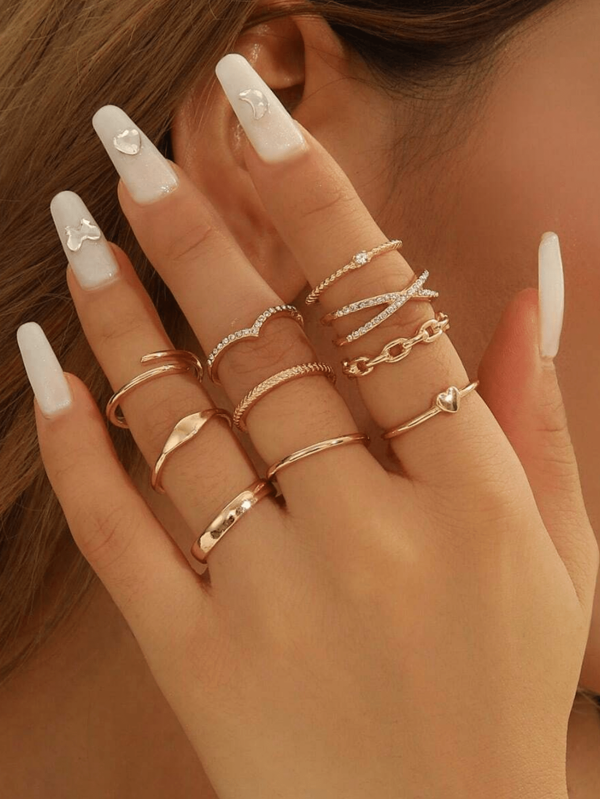Set de 10 piezas de anillos únicos minimalistas con cruces de strass, juego de anillos versátil y de moda para mujeres
