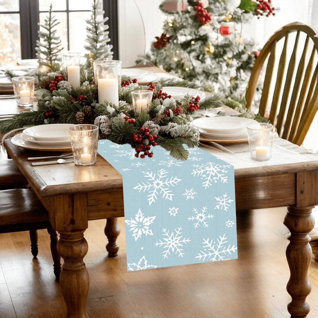 1pc/270pcs Christmas Table Runner, Blue Background With Snowflake Design Elements, Polyester Material, 30x180cm, Winter Christmas Home Party Gathering, Restaurant Living Room Table Centerpiece Decor, Indoor Outdoor Dining Table Center Decor, Room Decor, Home Decor, Kitchen, Decorative Style, Kitchen Decor, Room Decor Items, Christmas Decoration, Living Room Decor