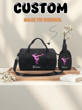 Bolso de combinación exclusivo personalizado. El conjunto de bolso deportivo negro contiene un bolso de mano grande y un bolso cruzado pequeño, decorado con coloridos patrones de yoga, deportivo y de moda, adecuado para diversas ocasiones como fitness y viajes.