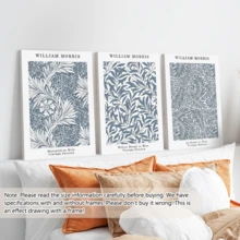 3 件/套 William Morris 植物帆布墙饰 - 优雅的蓝色花朵和叶子墙饰，带或不带框架 - 现代经典风格，适用于客厅、卧室、厨房、家庭办公室 - 防水、高品质印刷品、极简主义海报、白色和蓝色、大学宿舍公寓装饰