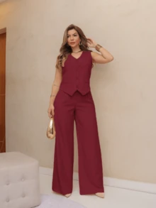 WOMEN'S VEST AND PANTS SET SP042 - 酒紅色 - 查看 1