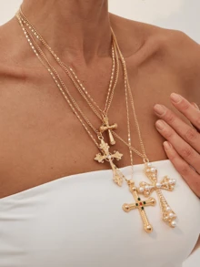 4 件套赛博朋克优雅街头风格仿珍珠彩色水钻心形十字架项链套装，多层吊坠项链时尚配饰女士 - 銀色 - 查看 2