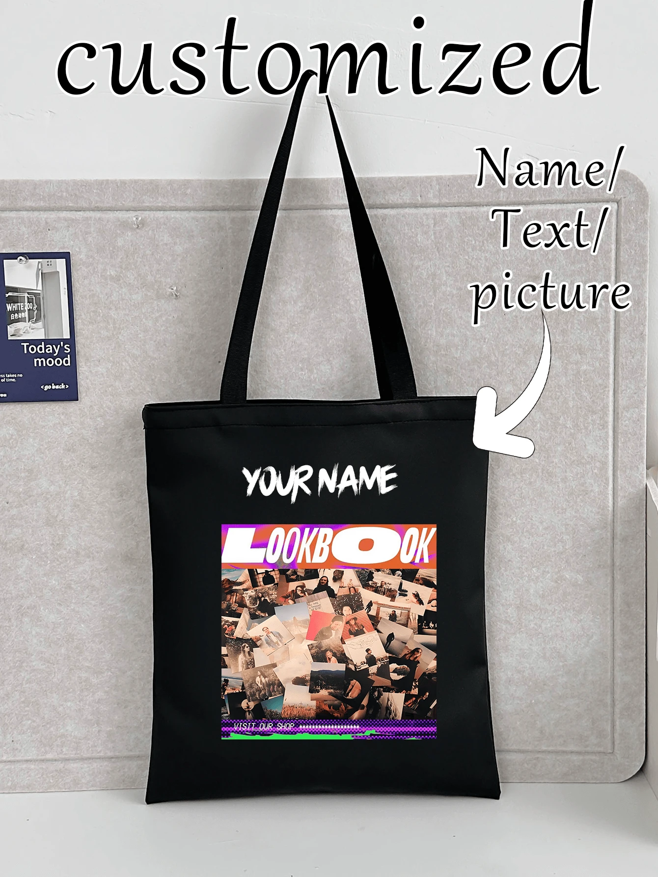 1 Piece 个性帆布包 皮革材质包包定制名字文案祝福 独特防水耐磨顺滑手感可折叠大容量轻便时尚个性帆布包手提包单肩包休闲购物袋 - 彩色 - 查看 1