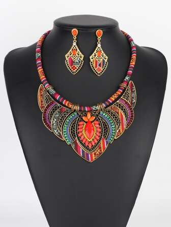 Aléatoire Style Bohème Collier , Une Pièce Et Boucles D'oreilles , Une Paire Set , Tissu texture direction Et Couleur Aléatoire
