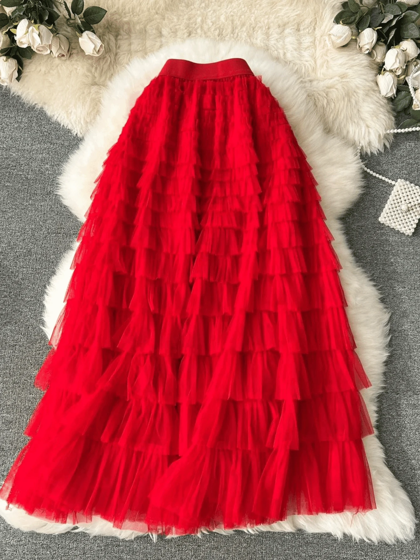 Temperament Knitted Skirt Layered Cake Skirt - Red - View 1