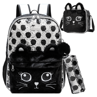3PCS Sequin Panda Cat School Backpack Shoulder Backpack Back To School Bookbag Student Bookbag