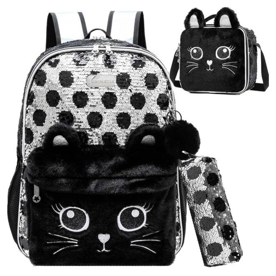 3 piezas Mochila escolar con lentejuelas de panda y gato, mochila de hombro, mochila para volver a la escuela, mochila de estudiante