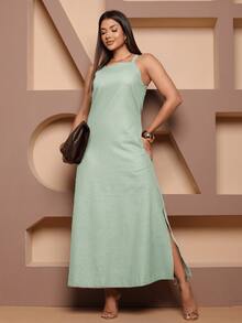 Controverso Elegant Linen Long Dress Spaghetti Straps With Slit Party Casual Chic - màu xanh lá - Xem 5