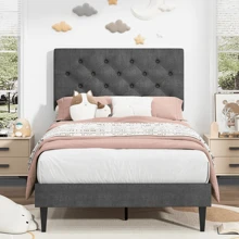 HOMBCK Estructura de cama tapizada con cabecero, estructura de cama de tela de lino con cabecero capitoné, sin somier, fácil montaje, tamaño individual/matrimonial/queen/king, beige/rosa/gris oscuro/gris/azul
