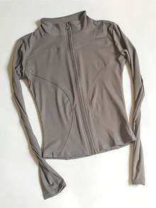 Solid Color Fitted Long Sleeve Yoga Jacket With Thumbhole Cuffs For Yoga, Workout, Running - 灰色 - 查看 5