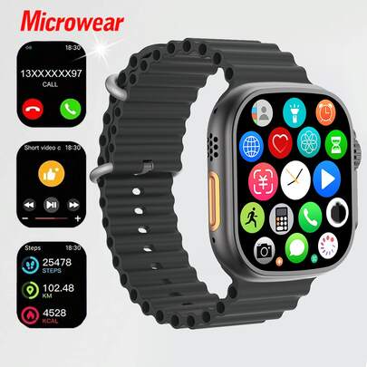 Microwear 2.01" Full Touch Screen Unisex Smart Watch - Outdoor Sports Fitness Watch, Supports Wireless Calling And Message Alerts, Multiple Sports Modes, Remote Camera/Music Control, Activity Tracker, Compatible With Android And IOS, 350mAh Battery, IPS Display, Alloy Case, Black