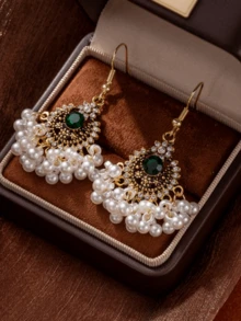 2 piezas Pendientes colgantes elegantes con flores de strass, accesorios de moda de lujo como regalo para mujeres - oro - Ver 2