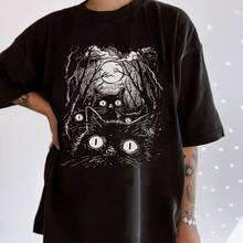 Camiseta Algodão Camisa Macia Gatos Lua Moon Cat - Preto - Visão 2