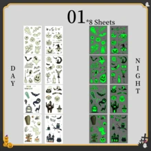 8 片夜光万圣节临时纹身贴纸 - 南瓜、幽灵、城堡、女巫、蝙蝠等图案 | 漂亮、酷炫、可爱的假纹身 | 派对妆容和舞会身体装饰 | 送给家人和朋友的最佳礼物 | DIY 装饰 - 彩色 - 查看 12