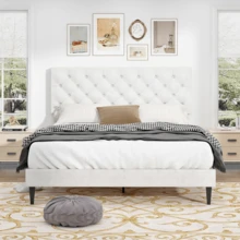 Upholstered Bed Frame With Headboard, Linen Fabric Bed Frame With Button Tufted Headboard, No Box Spring Needed, Easy Assembly, Twin/ Full/ Queen/ King, Beige/ Pink/ Dark Grey/ Grey/ Blue/ Cream/ Black