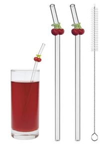 6 Pcs Glass Cherry Drink Straws Reusable Clear Bent Straw Cute Transparent Cocktail Straw Decorative Curved Drinking Straws With Cleaning Brush For Coffee Juice, For Teacher's Gift - Multicolor - View 11