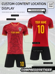 2pcs Red Football Jersey Set - Personalized Football Shirt And Shorts | Add Your Name/Number | Moisture-Wicking Sports Uniform Gift Summer - Red - View 1