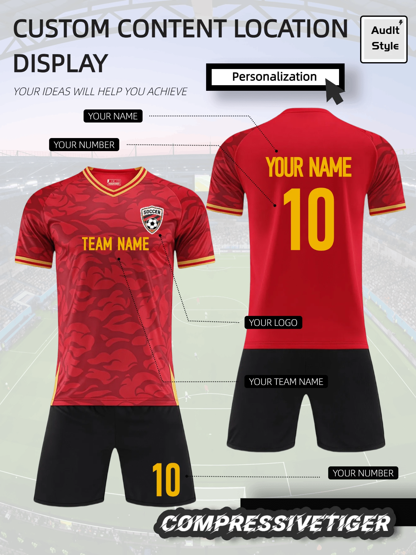 2pcs Red Football Jersey Set - Personalized Football Shirt And Shorts | Add Your Name/Number | Moisture-Wicking Sports Uniform Gift Summer - Red - View 1