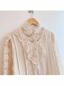 Women's Lace Blouse, Long Sleeve Shirt With Lace Buttons - Beige - View 6