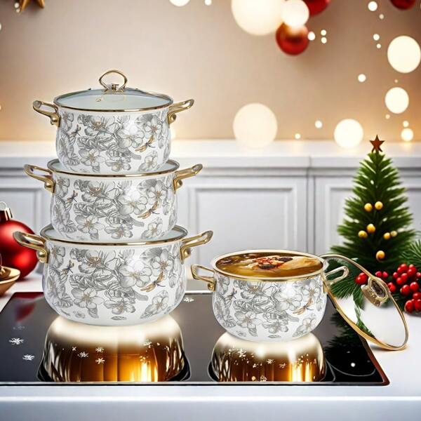 1 pièce Casserole émaillée épaisse de 18/20/22/24/26 cm avec double poignée, design floral élégant, couvercle en verre pour mijoter, grande capacité pour les rassemblements de restaurant/maison, convient pour le camping/pique-nique au printemps/été, compatible avec le gaz et la cuisinière à induction, ne pas faire fonctionner sans liquide