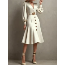 CorpoShui Elegant Satin Dress For Women With Puff Sleeves V Neck Ruffled A-Line Midi Long Sleeves Sexy Fishtail Evening Gown For Fall - White_Beige - 查看 3