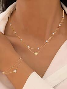 2pcs Fashionable Charm Bracelet & Necklace Set, Versatile Heart Jewelry Accessories, Suitable For Daily Wear, Beach, Party, Dating, Music Festival