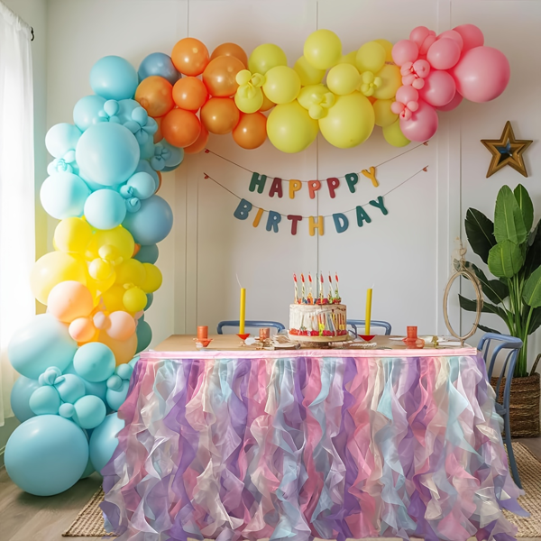 Falda de mesa de tul arcoíris de 6 ft/9 ft para mesas rectangulares o redondas, falda de mesa de fiesta arcoíris para baby shower, mantel de fiesta de cumpleaños para decoraciones