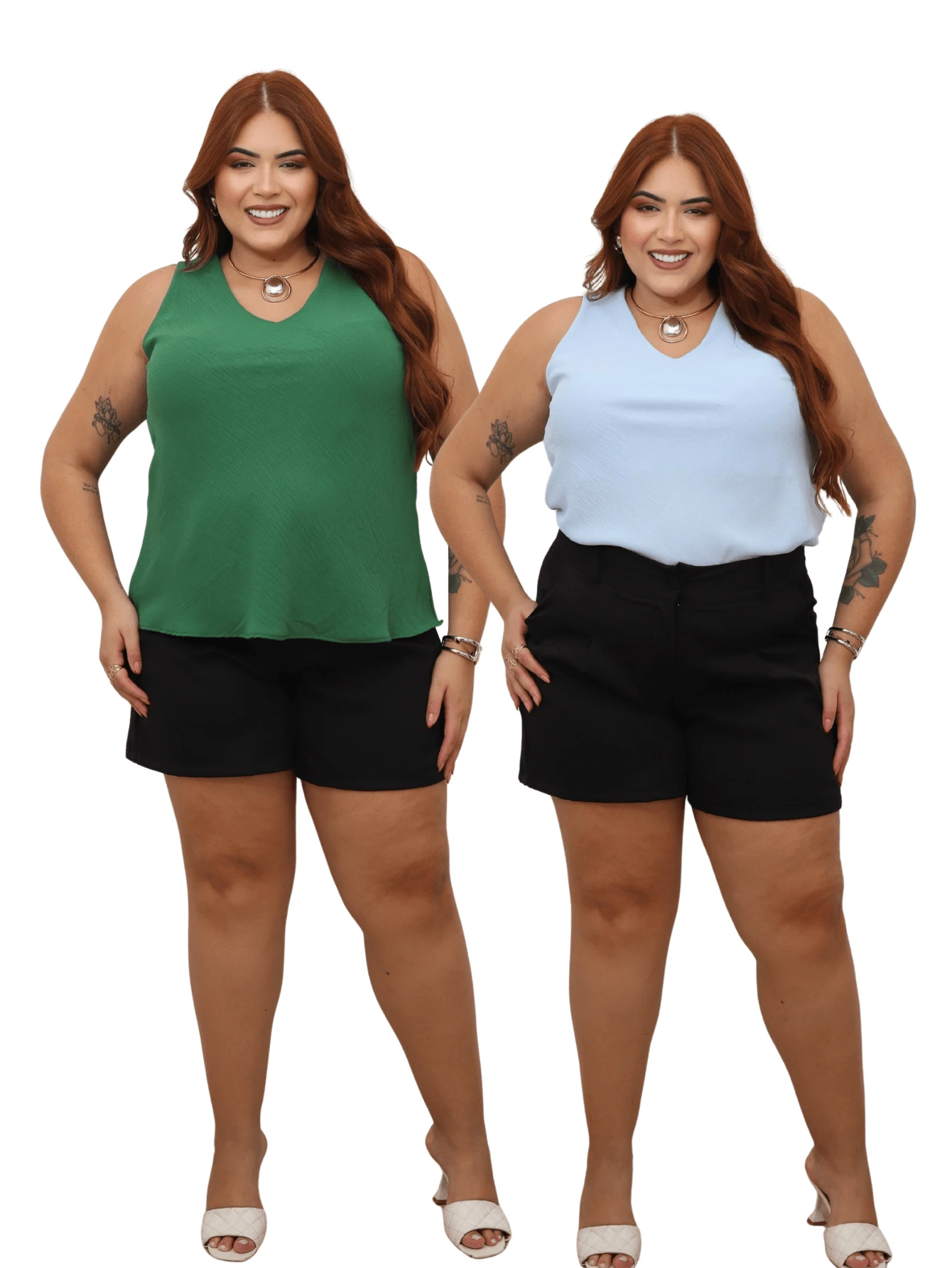 Kit 2 Women's Blouses Basic Social Tank Top Thick Strap V-Neck Lined Duna Fabric - 綠色和淡藍色 - 查看 1