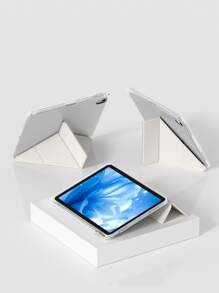 A Transparent Acrylic Y-Fold Tablet Case With A White Y-Fold Stand And An Internal Pen Slot. It Is A Simple/Casual/Classic/Business IPad Folding Tablet Case With A Pen Slot, Compatible With Ipad Mini6 Mini7 / Air1 / Air2/10.5/9.7/10.2 / / Air4 / Air5/10 Th / 10.9 / Pro11 Inch/Pro12.9 / / Air 11 - In. (M2) - 13-2024 / Air In. (M2) - 2024 / Pro 11-In.(M4)-2024/Pro13-In.(M4)
