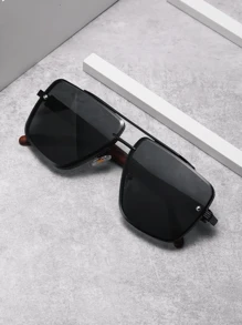 1pc Men's Fashion Metal & Wooden Grain Dual-Bridge Pilot Fashion Glasses Frame, Vintage European & American Style, Suitable For Riding, Driving, All Occasions, Full Rim Frame