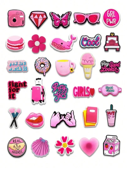 30 pièces Série rose Charms DIY pour sandales, décorations DIY en PVC pour chaussures, accessoires de mode pour Noël, anniversaire, fête, cadeau. Épingles pour chaussures pour adolescents, hommes, femmes et adultes en été, à l'école