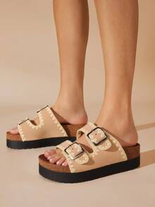 Revreal Boho-Chic Platform Sandals With Contrast Stitching – Laidback With An EdgePreppyCollegeBohemianResortFashionBeachCasualOutdoorCutePearlSummer - Beige - View 1