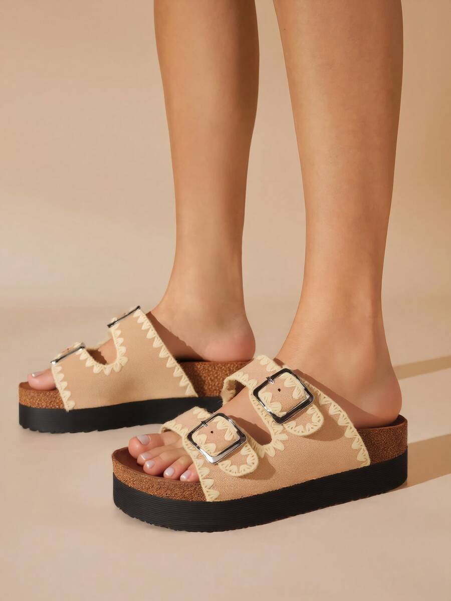 Revreal Boho-Chic Platform Sandals With Contrast Stitching – Laidback With An EdgePreppyCollegeBohemianResortFashionBeachCasualOutdoorCutePearlSummer - Beige - View 1