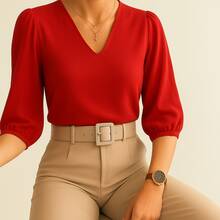 Women's Crepe Duna Blouse With 3/4 Puff Sleeve Plus Size And Slim - Đỏ - Xem 2