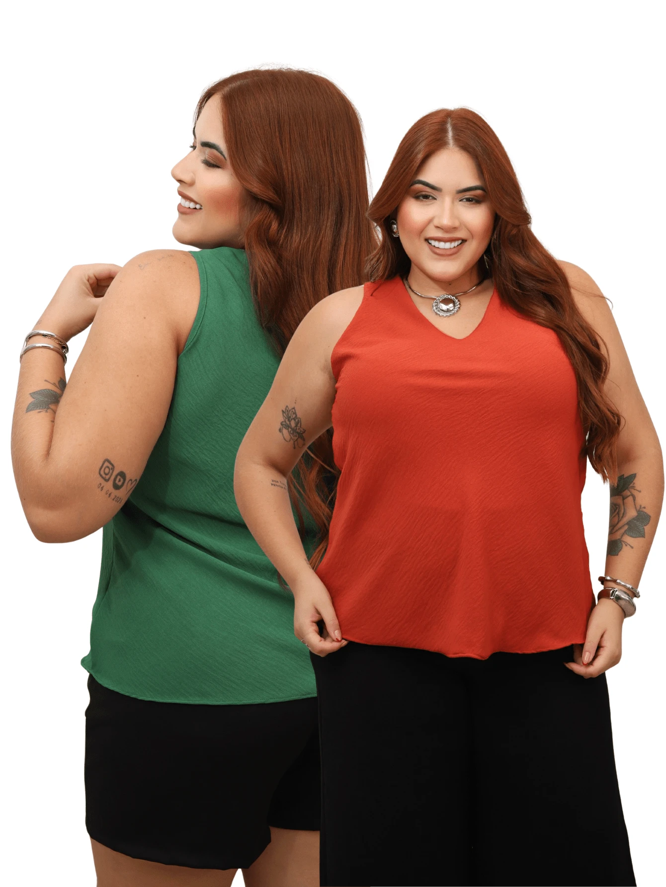Kit Of 2 Women's Basic Social Tank Tops With Thick Straps, V-Neck, Lined In Duna Fabric - Green and Terracotta - View 1