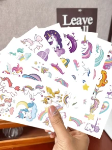 Süße Cartoon-Einhorn-Jungen- und Mädchen-Temporärtattoos, leuchtende Sticker, wasserfeste simulierte Körperbemalung-Sticker, rechteckig, gültig für 2-5 Tage, fröhliche Arme, Cartoon-Modesticker im Y2K-Stil, Bürobedarfs-Sticker, Geschenke zum Kindertag, Ostern