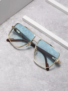 1pc Men's Fashion Metal & Wooden Grain Dual-Bridge Pilot Fashion Glasses Frame, Vintage European & American Style, Suitable For Riding, Driving, All Occasions, Full Rim Frame