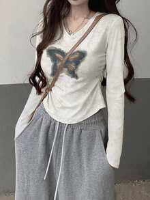 女式韩版蝴蝶刺绣V领修身长袖短款上衣，秋冬 - 白色 - 查看 1