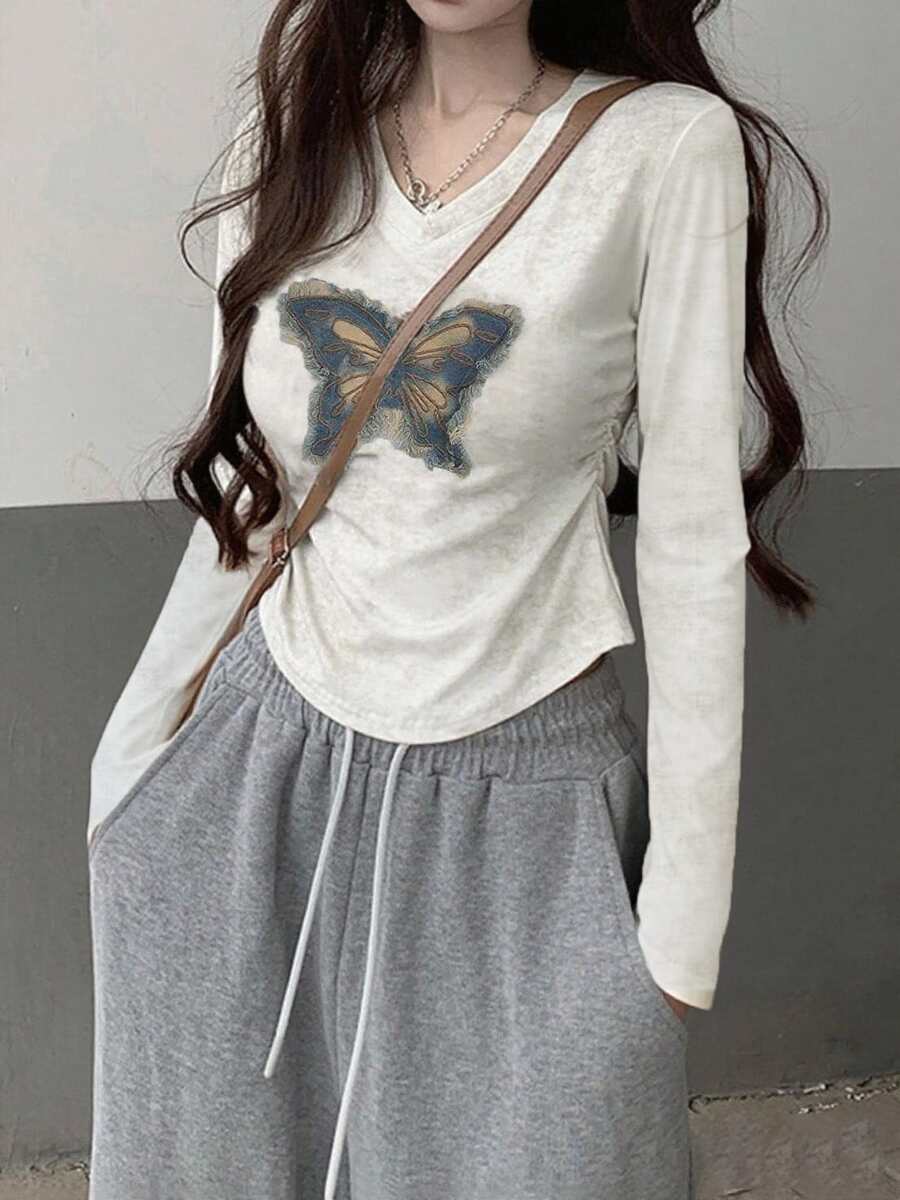 女式韩版蝴蝶刺绣V领修身长袖短款上衣，秋冬 - 白色 - 查看 1