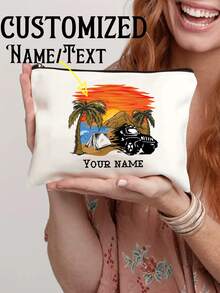 1 件定制女士零钱包、化妆包、珠宝收纳包、小袋、手拿包、多功能、格子、可爱、刻字、短语、姓名印刷、轻便、礼物、独特、DIY、教师节、万圣节 - 米色 - 查看 2