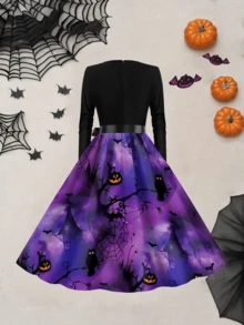 Vintage Halloween Pumpkin, Spider Web & Skull Print High Waist Round Neck Long Sleeve Flared Midi Dress With Ribbon - Purple - View 2