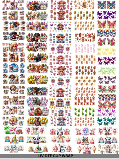 11 piezas Pegatinas de transferencia UV DTF con diseños de dibujos animados, animales y flores para decorar vasos de vidrio Libbey. Pegatinas adhesivas de alta calidad de 9.5 pulgadas * 4.3 pulgadas para vasos de 6 onzas y botellas