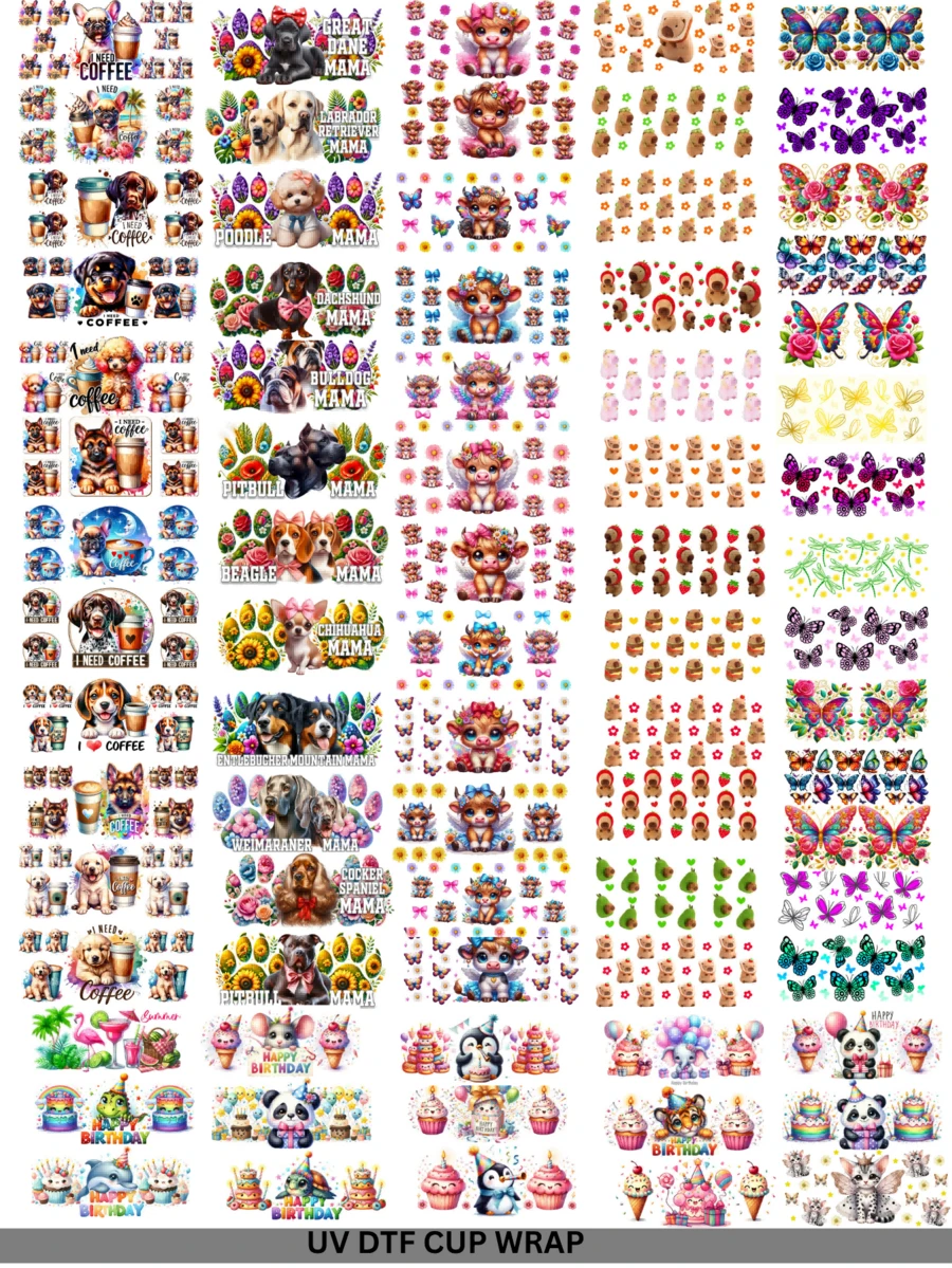 11张UV DTF转印卡通动物花卉图案贴纸，适用于Libbey玻璃杯DIY包装转印贴纸，玻璃杯贴花瓶贴，高品质，9.5英寸*4.3英寸，适用于6盎司玻璃罐