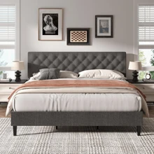 HOMBCK Estructura de cama tapizada con cabecero, estructura de cama de tela de lino con cabecero capitoné, sin somier, fácil montaje, tamaño individual/matrimonial/queen/king, beige/rosa/gris oscuro/gris/azul