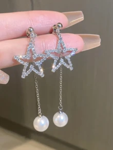 1 对全水钻星形流苏耳环，适合日常佩戴 - 銀色 - 查看 5