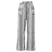 Striped Elastic Waistband Tapered Pants With Diagonal Pockets And Straps, Casual And Versatile, Women's Spring And Autumn Casual Drawstring, Pocket Natural Jogging Cut Black And White Striped Regular Fit Women's Pants, Casual Daily Wear - White - View 5