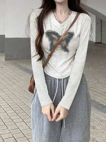 女式韩版蝴蝶刺绣V领修身长袖短款上衣，秋冬 - 白色 - 查看 3